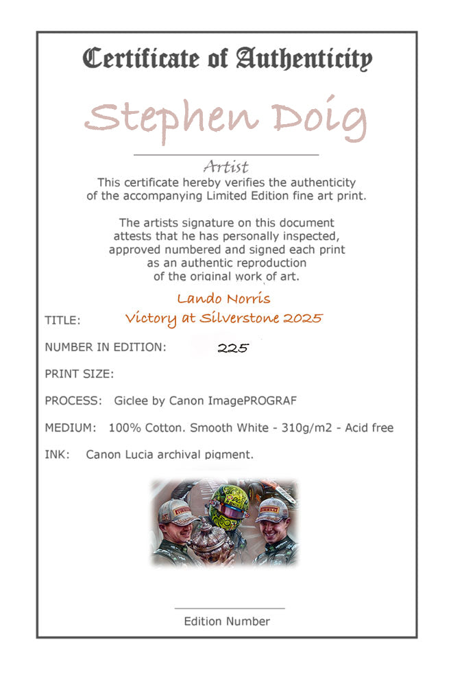 Lando Norris - Victory at Silverstone 2025- Ltd edition giclee print by Stephen Doig