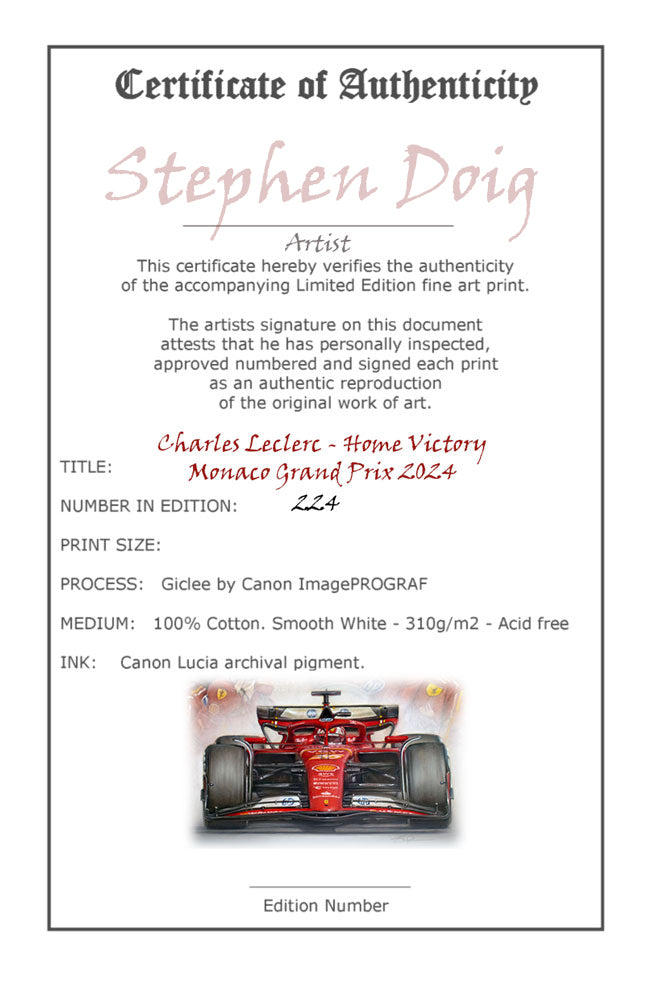 Charles Leclerc - Monaco Victory 2024 - Ltd edition giclee print by Stephen Doig