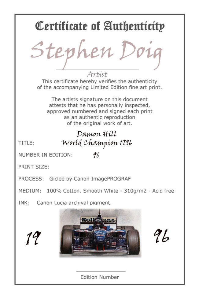 Damon Hill - 1996 - Ltd edition giclee print by Stephen Doig