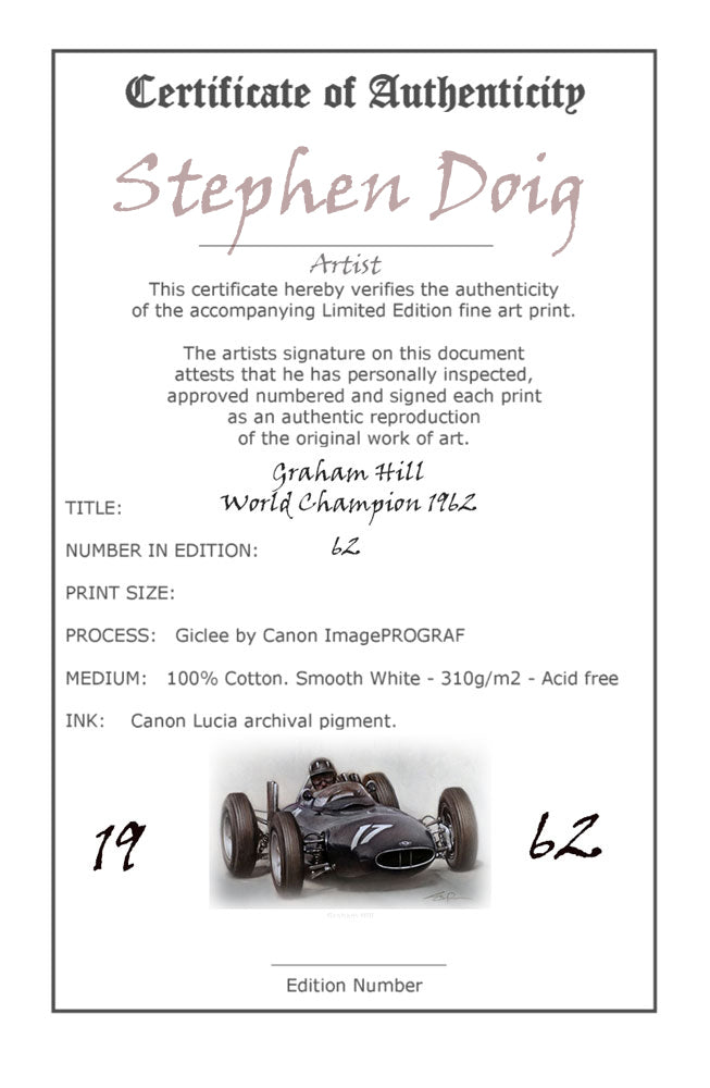 Graham Hill - 1962 - Ltd edition giclee print by Stephen Doig