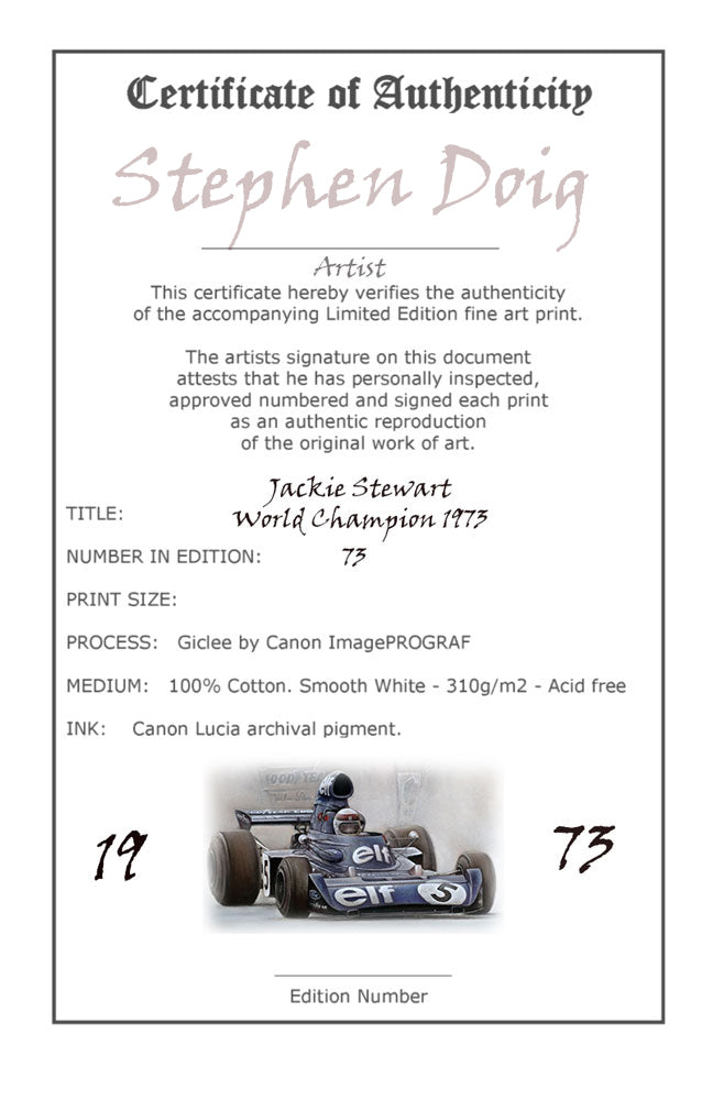 Jackie Stewart - 1973 - Ltd edition giclee print by Stephen Doig