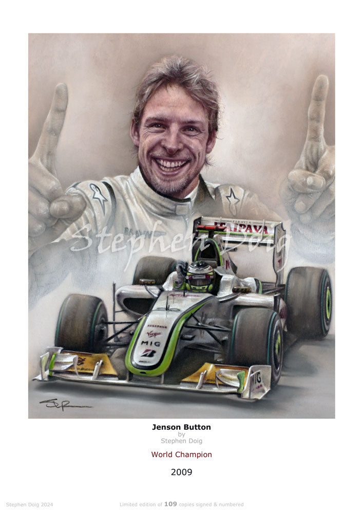 Jenson Button - World Champion 2009 - Ltd edition giclee print by Stephen Doig