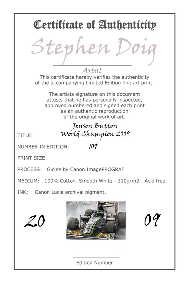Jenson Button - World Champion 2009 - Ltd edition giclee print by Stephen Doig