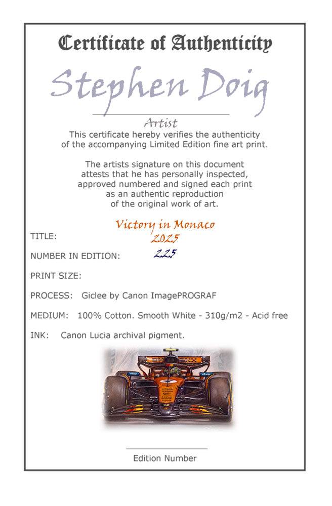 Lando Norris - Victory in Monaco 2025- Ltd edition giclee print by Stephen Doig