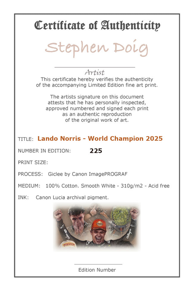 Lando Norris - World Champion 2025- Ltd edition giclee print by Stephen Doig
