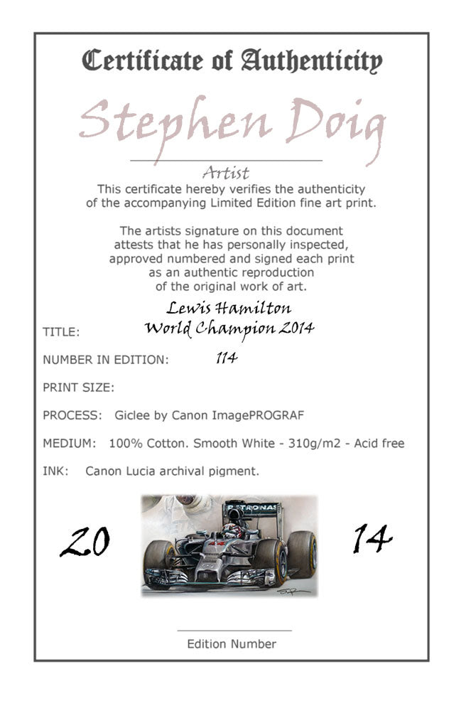 Lewis Hamilton - World Champion 2014 - Ltd edition giclee print by Stephen Doig