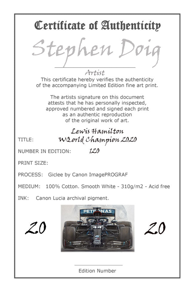 Lewis Hamilton - World Champion 2020 - Ltd edition giclee print by Stephen Doig