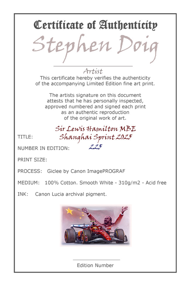 Lewis Hamilton - Shanghai Sprint - China 2025- Ltd edition giclee print by Stephen Doig
