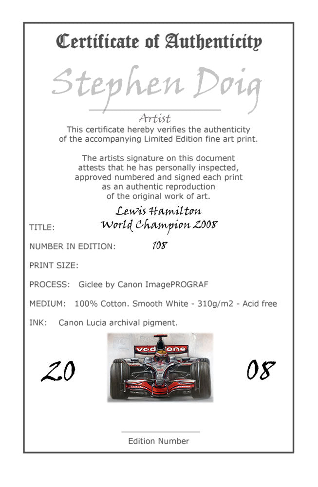 Lewis Hamilton - World Champion 2008 - Ltd edition giclee print by Stephen Doig