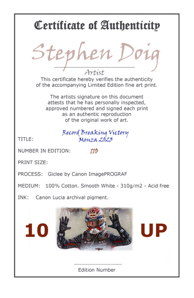 Max Verstappen- Record Breaking Victory - Ltd edition giclee print by Stephen Doig