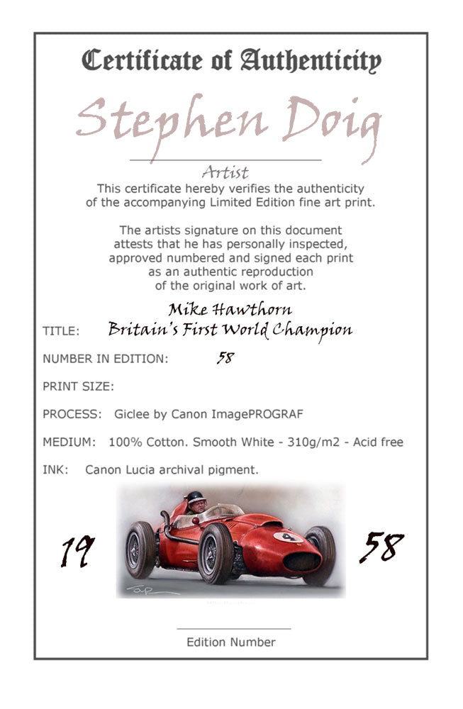 Mike Hawthorn - 1958 - Ltd edition giclee print by Stephen Doig