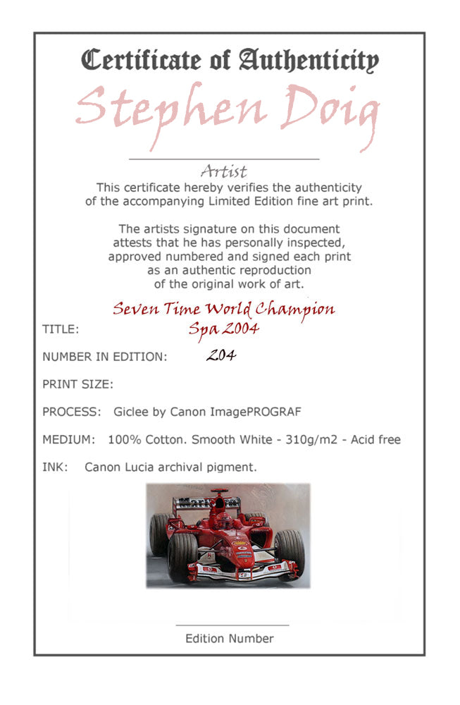 Michael Schumacher - Spa 2004 - Seven Time World Champion - Ltd edition giclee print by Stephen Doig
