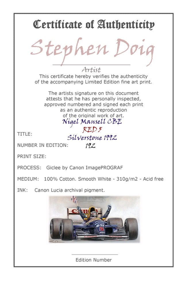 Nigel Mansell - Silverstone 1992 - Ltd edition giclee print by Stephen Doig
