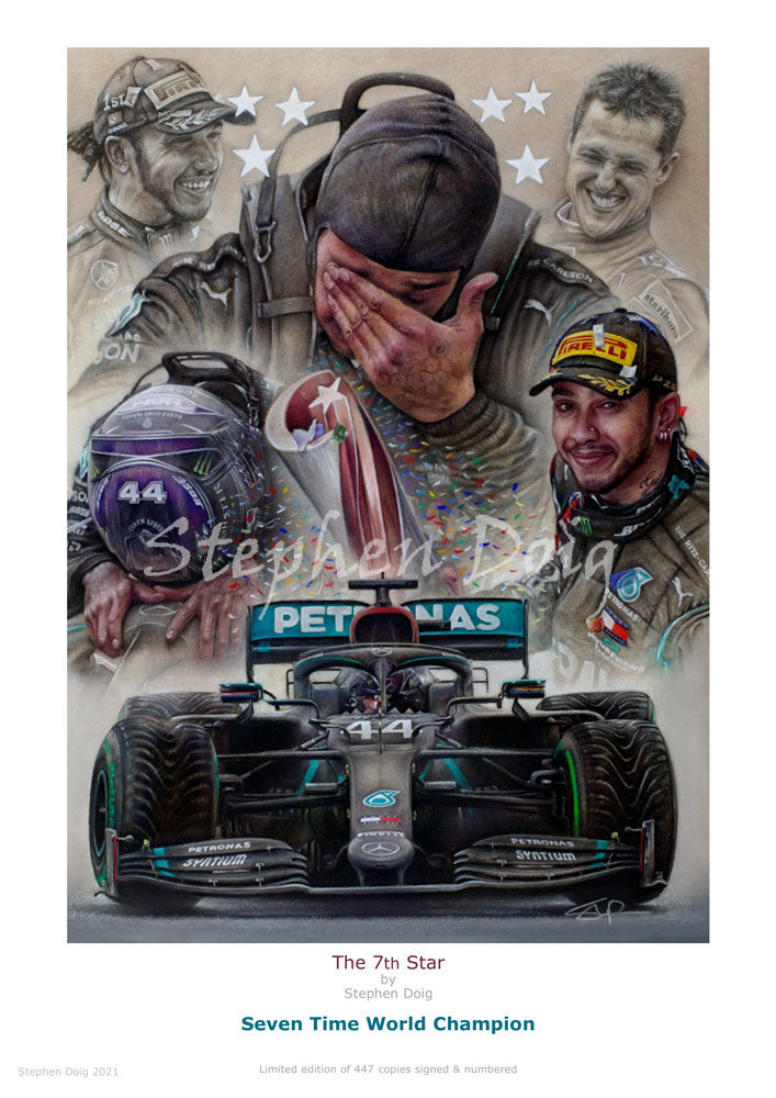 Lewis Hamilton Seven Time World Champion Ltd edition giclee print by Stephen Doig
