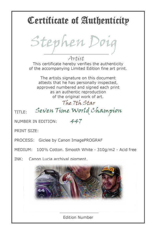 Lewis Hamilton Seven Time World Champion Ltd edition giclee print by Stephen Doig