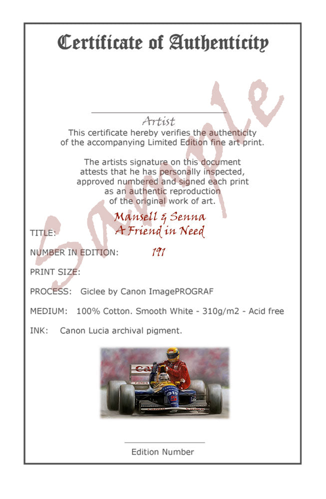 Nigel Mansell & Ayrton Senna ' A Friend in Need' Ltd edition giclee print by Stephen Doig