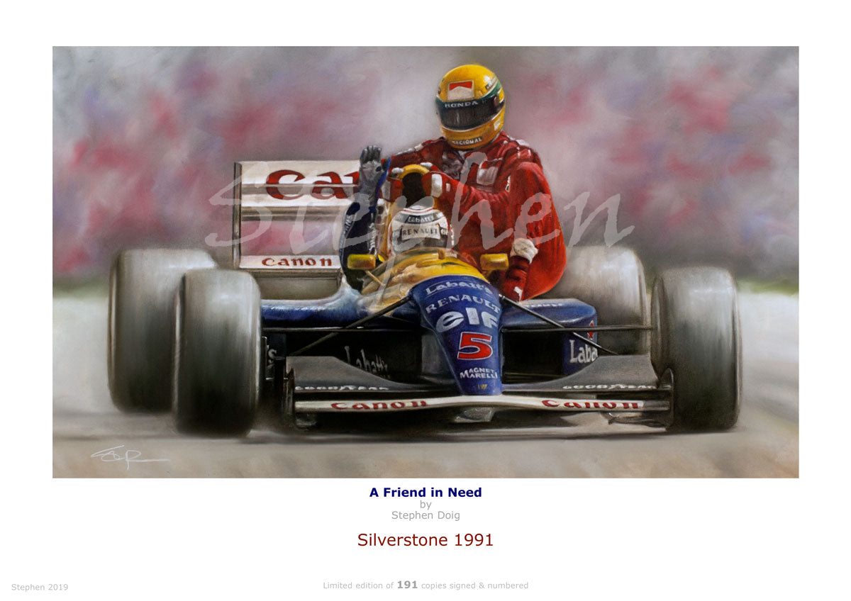 Nigel Mansell & Ayrton Senna ' A Friend in Need' Ltd edition giclee print by Stephen Doig