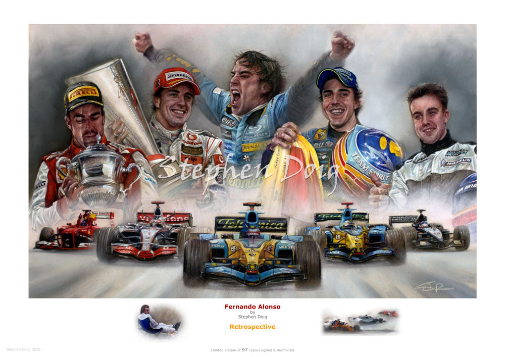 Fernando Alonso Retrospective Ltd edition giclee print by Stephen Doig