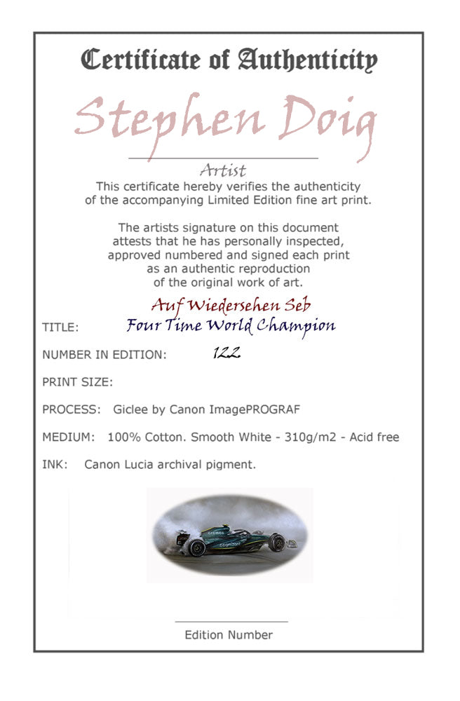 Auf Wiedersehen Sebastian - Four Time World Champion Ltd edition giclee print by Stephen Doig
