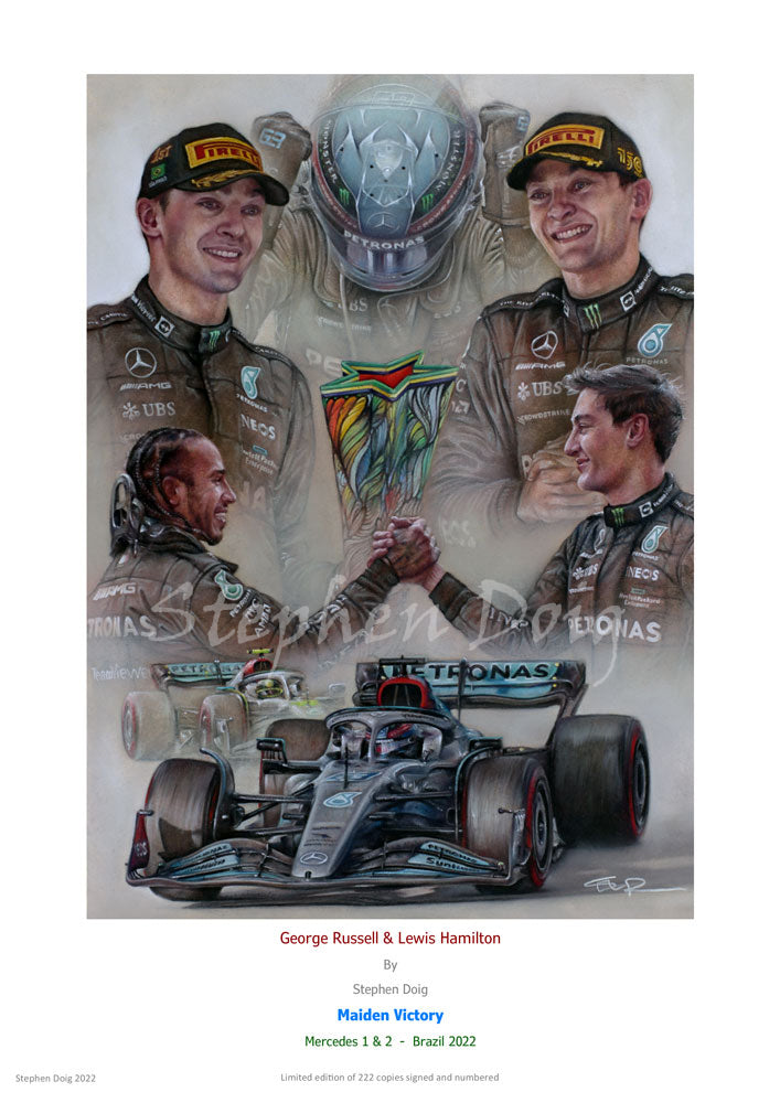 George Russell Maiden Victory - Mercedes 1 & 2 Ltd edition giclee print by Stephen Doig