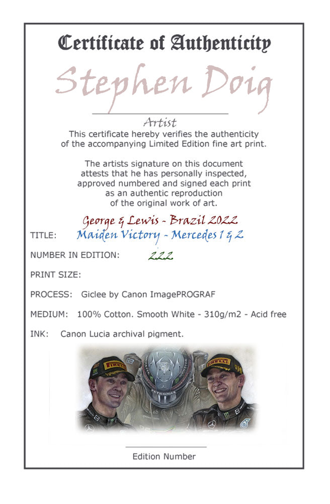 George Russell Maiden Victory - Mercedes 1 & 2 Ltd edition giclee print by Stephen Doig