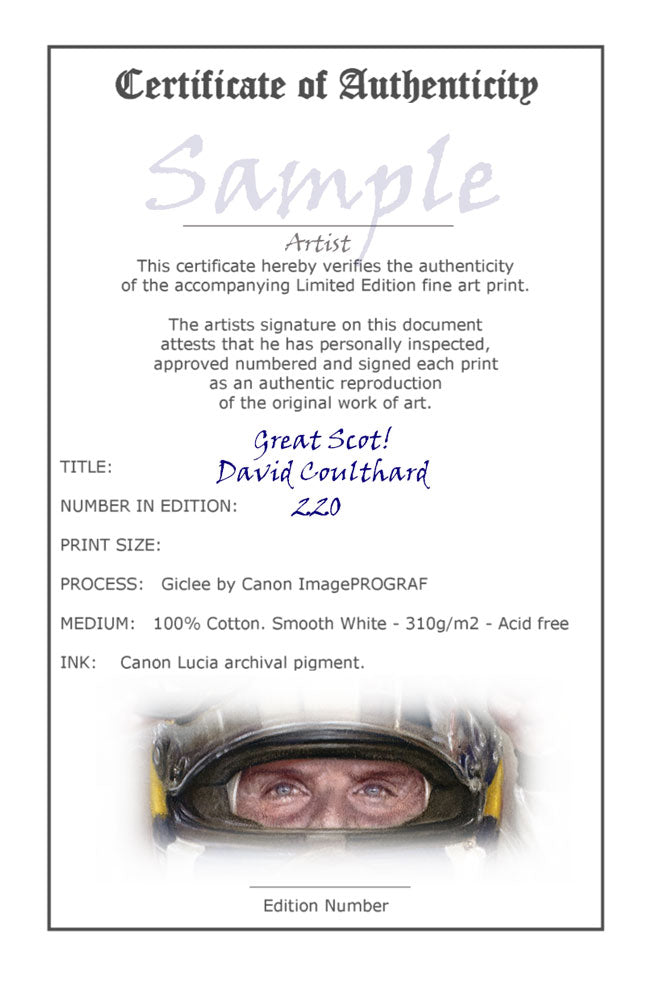 David Coulthard 'Great Scot!' Ltd edition giclee print by Stephen Doig