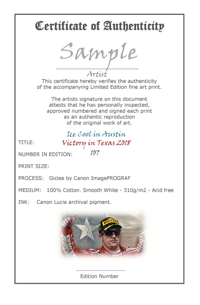 Kimi Raikkonen 'Ice Cool in Austin' Texas 2018 Ltd edition giclee print by Stephen Doig