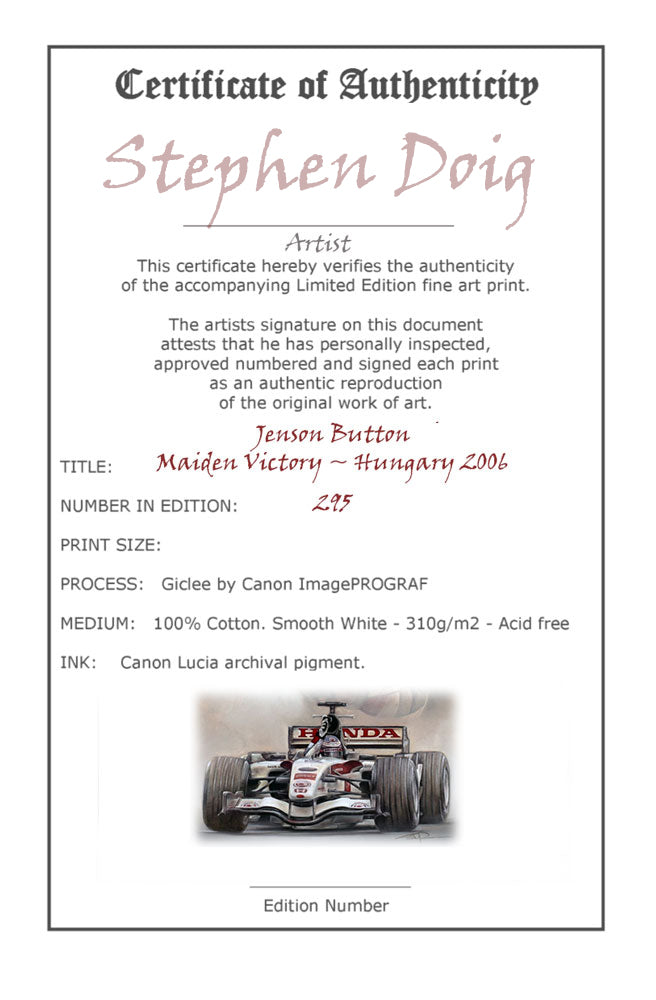 Jenson Button - Maiden Victory - Hungary 2006 Ltd edition giclee print by Stephen Doig