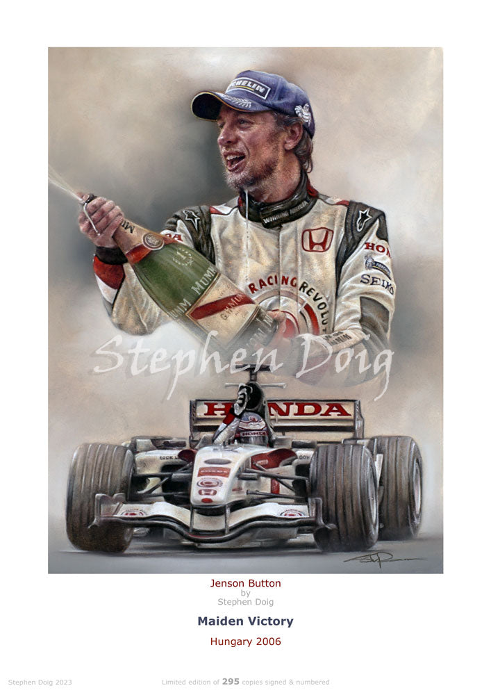 Jenson Button - Maiden Victory - Hungary 2006 Ltd edition giclee print by Stephen Doig