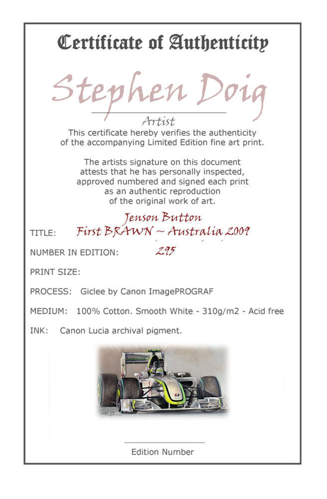 Jenson Button - First BRAWN - Australia 2009 Ltd edition giclee print by Stephen Doig
