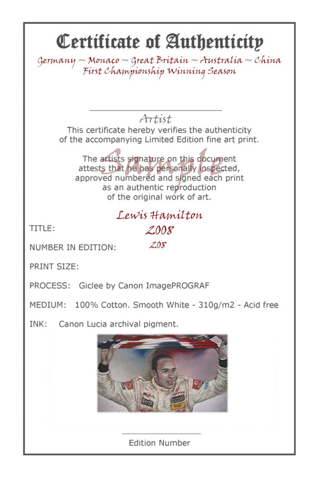 Lewis Hamilton 2008 Ltd edition giclee print by Stephen Doig