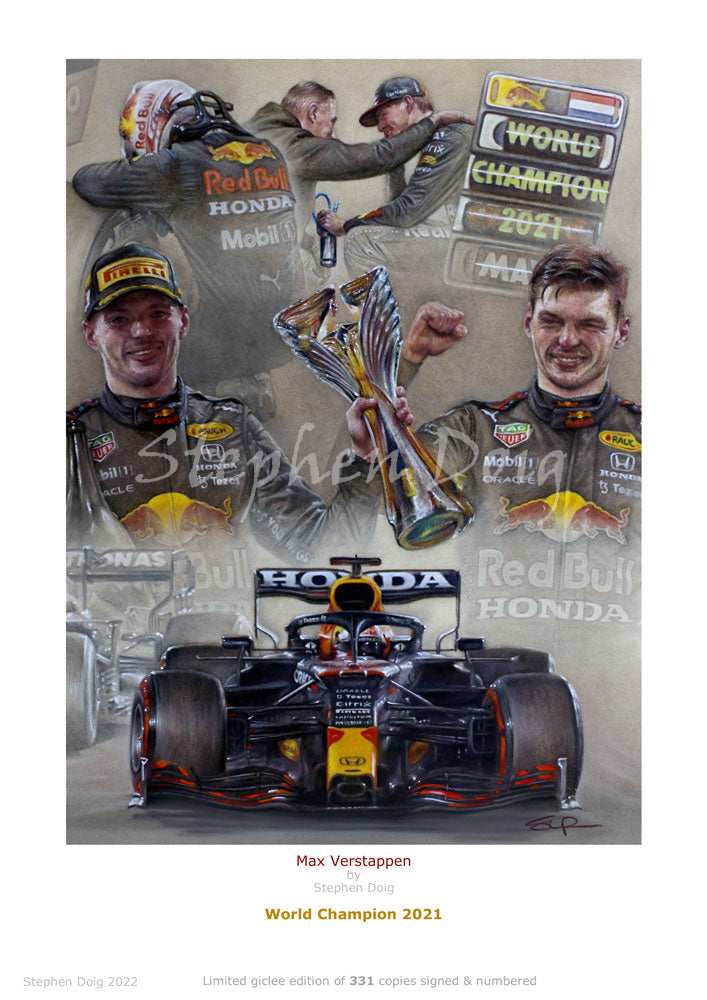 Max Verstappen World Champion 2021 Ltd edition giclee print by Stephen Doig