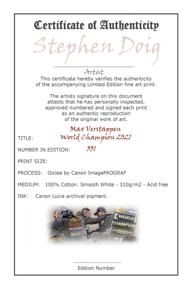 Max Verstappen World Champion 2021 Ltd edition giclee print by Stephen Doig