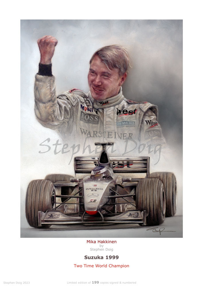Mika Hakkinen - World Champion 1999 Ltd edition giclee print by Stephen Doig