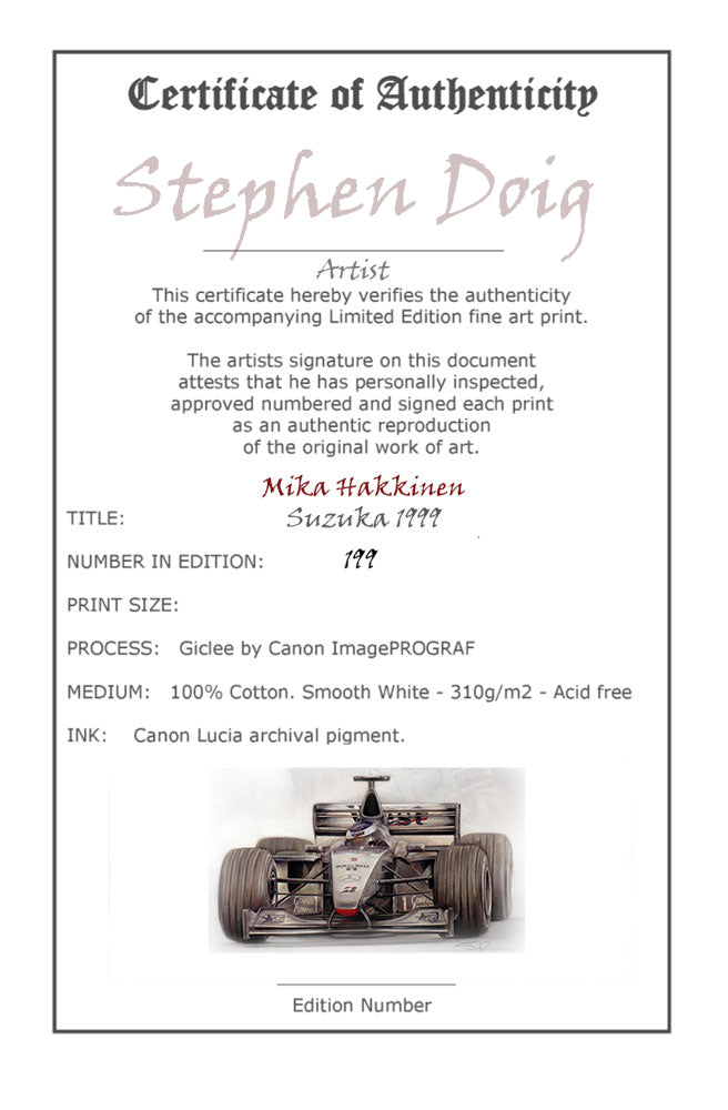 Mika Hakkinen - World Champion 1999 Ltd edition giclee print by Stephen Doig