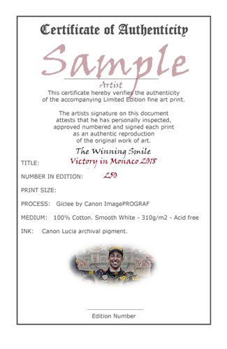 Daniel Ricciardo A Winning Smile Victory in Monaco 2018 Ltd edition giclee by Stephen Doig, 250 copies.