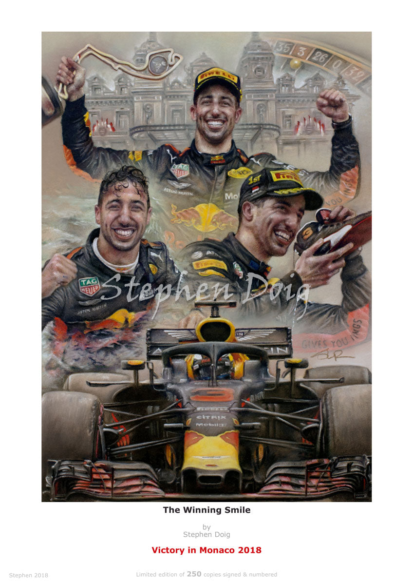 Daniel Ricciardo A Winning Smile Victory in Monaco 2018 Ltd edition giclee by Stephen Doig, 250 copies.