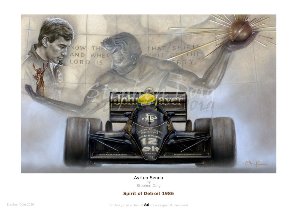 Ayrton Senna Spirit of Detroit 1986 Ltd edition giclee print by Stephen Doig