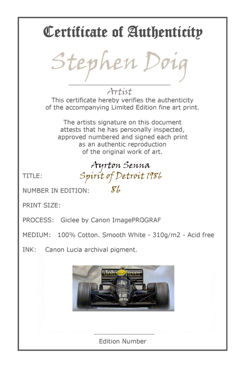 Ayrton Senna Spirit of Detroit 1986 Ltd edition giclee print by Stephen Doig