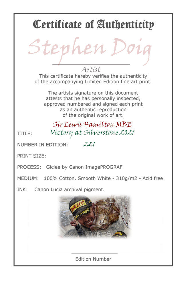 Sir Lewis Hamilton MBE Silverstone 2021 Ltd edition giclee print by Stephen Doig