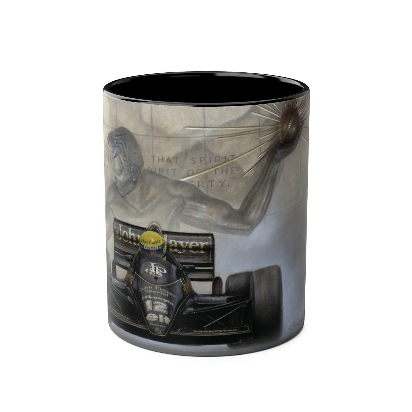 Ayrton Senna. Spirit of Detroit 1986 - Two-Tone Coffee Mug, 11oz