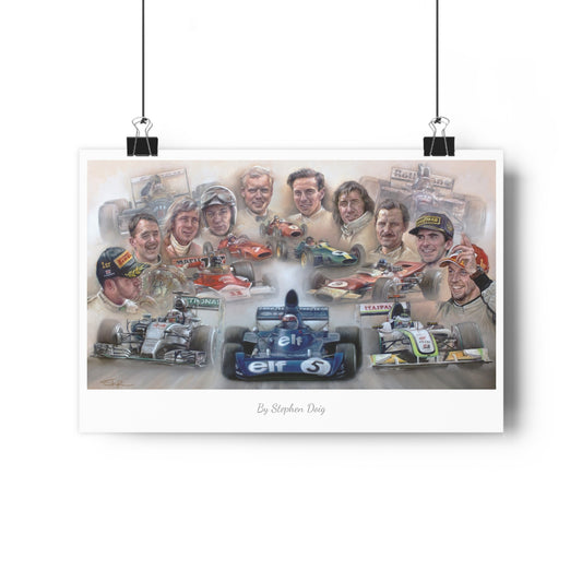 We Are The Champions. British F1 Greats. 30 x 45cm Fine Art Poster by Stephen Doig