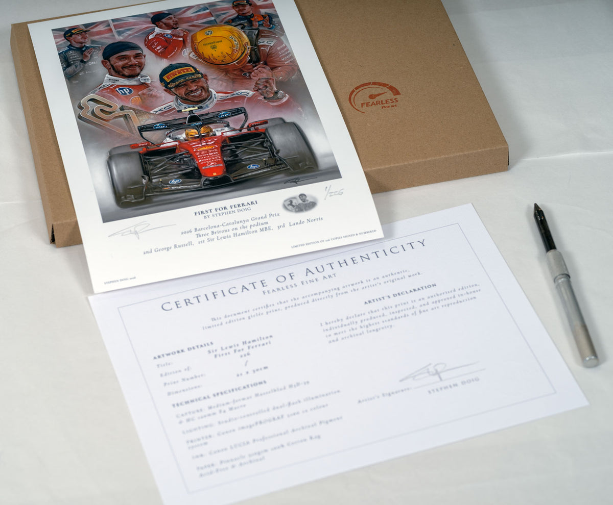 Lewis Hamilton - Victory at the Barcelona-Catalunya 2026 - Ltd edition giclee print by Stephen Doig