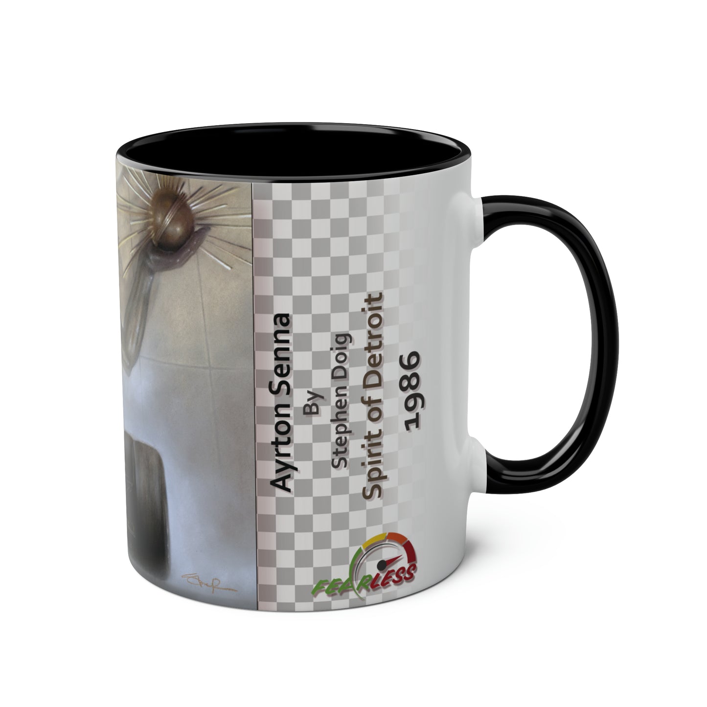 Ayrton Senna. Spirit of Detroit 1986 - Two-Tone Coffee Mug, 11oz