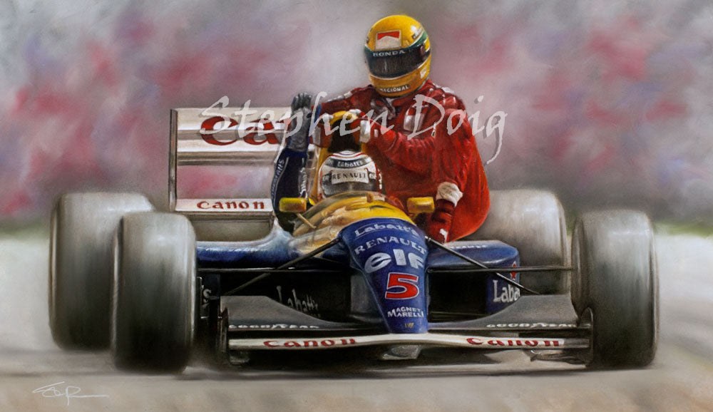 Nigel Mansell & Ayrton Senna  ' A Friend in Need'  Ltd edition giclee print by Stephen Doig