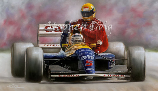 Nigel Mansell & Ayrton Senna  ' A Friend in Need'  Ltd edition giclee print by Stephen Doig