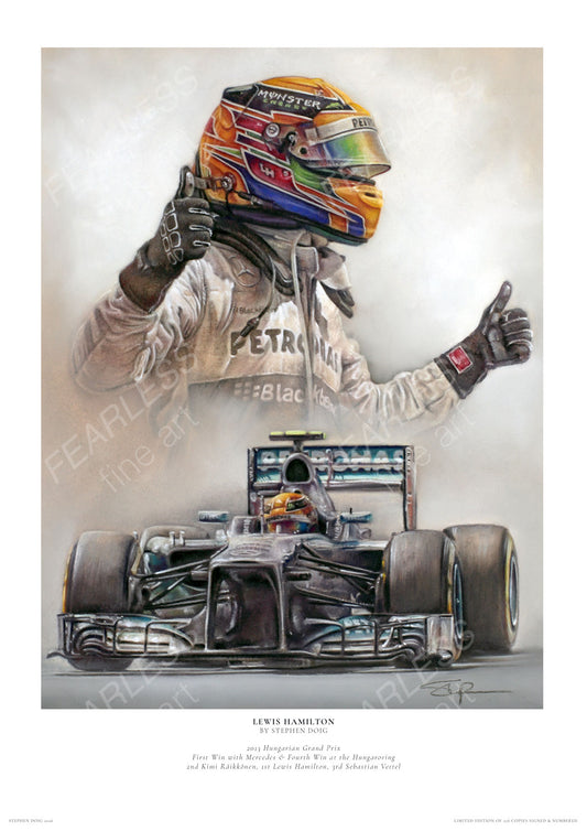 Lewis Hamilton - First Mercedes Win - Hungary 2013  Ltd edition giclee print by Stephen Doig