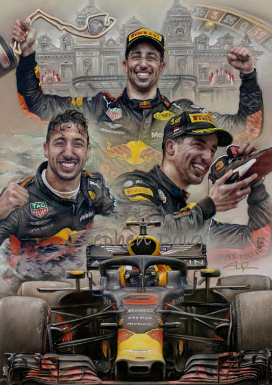 Daniel Ricciardo   A Winning Smile  Victory in Monaco 2018    Ltd edition giclee by Stephen Doig, 250 copies.