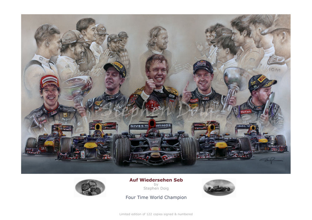 Auf Wiedersehen Sebastian - Four Time World Champion   Ltd edition giclee print by Stephen Doig