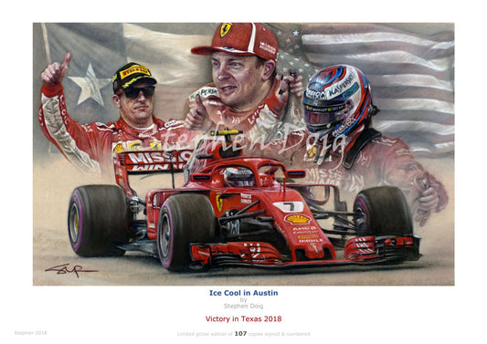 Kimi Raikkonen 'Ice Cool in Austin' Texas 2018 Ltd edition giclee print by Stephen Doig